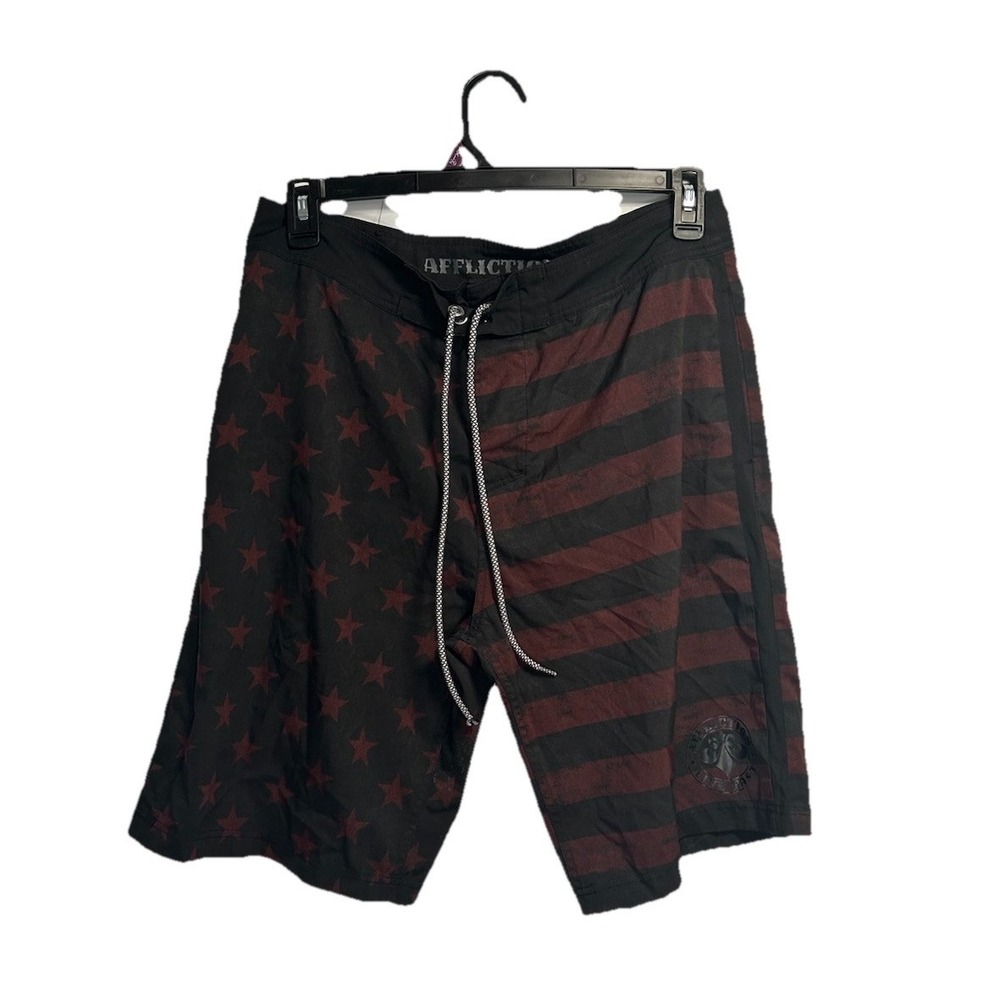 Affliction Swim Trunks Board Shorts Men's 32 Black‎ Red American Flag 10" Inseam